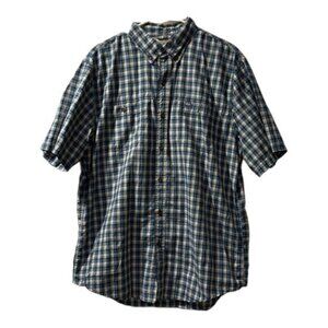 G.H. Bass Blue Double Pocket Fishing Shirt Plaid Button Size Large EUC #0892